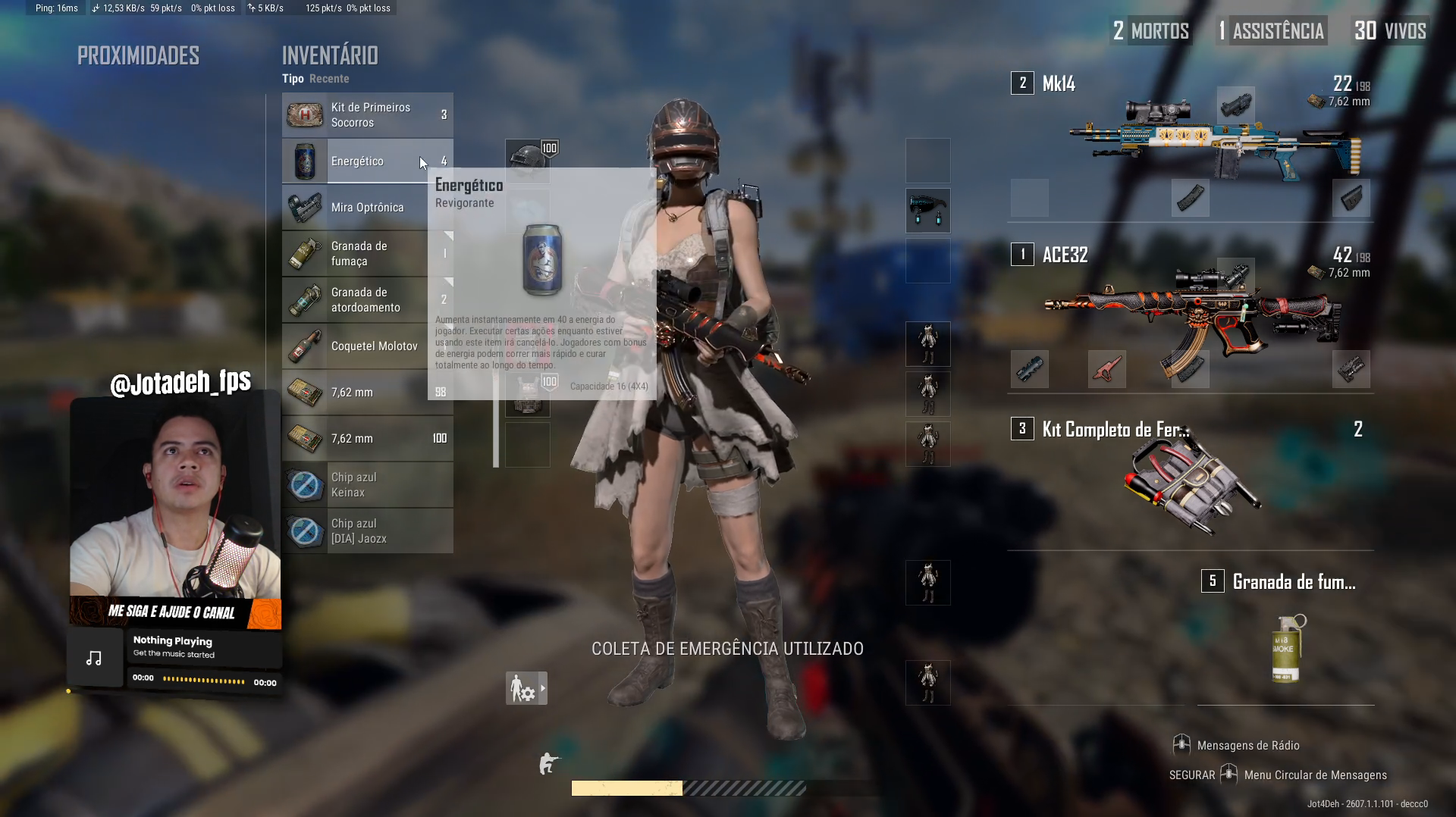 Captura de uma transmissão de PUBG com a imagem da Logitech C920s no canto inferior esquerdo