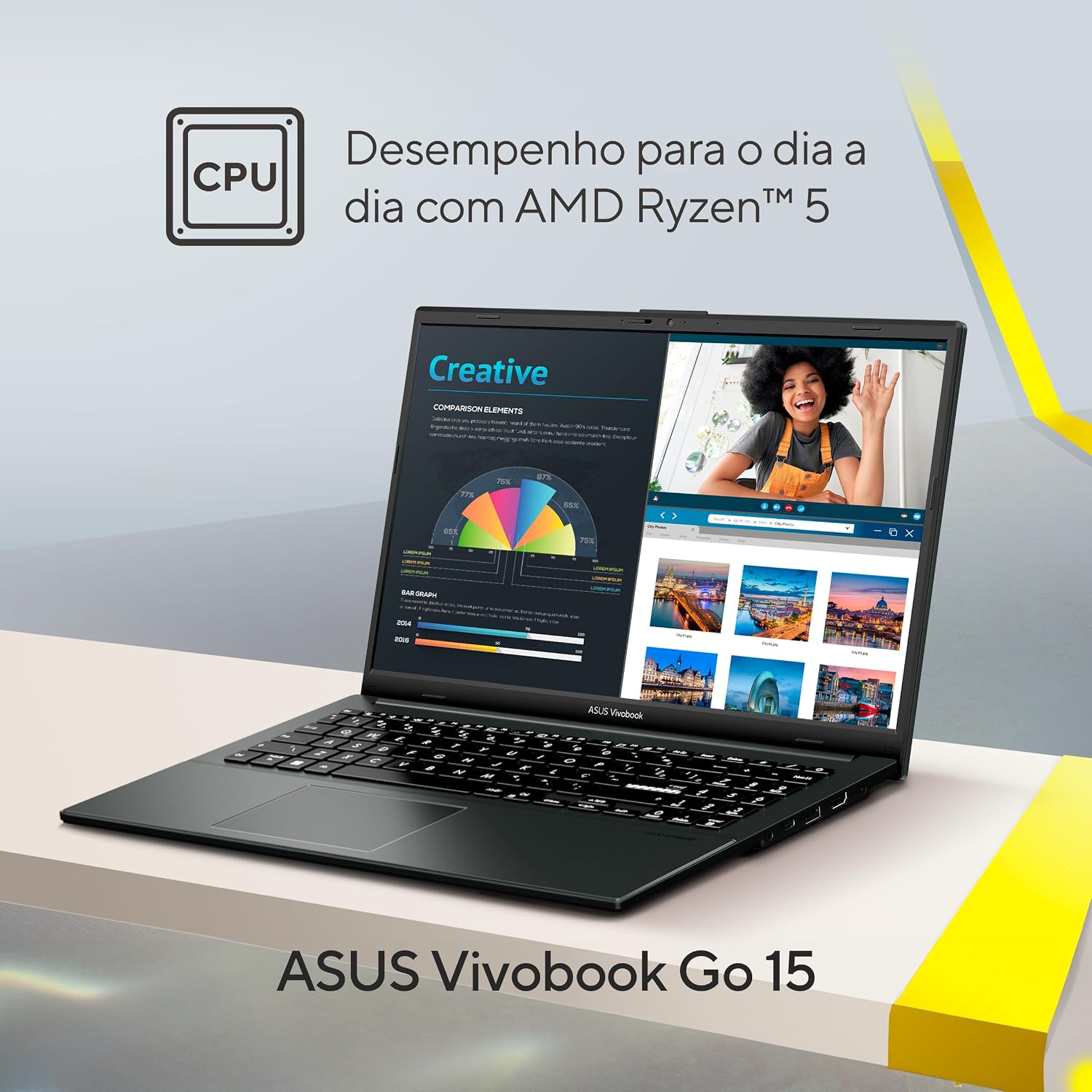 ASUS Vivobook Go 15 em uso, com destaque para o Ryzen 5 e tarefas do dia a dia